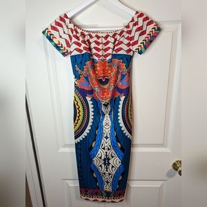 Banjul colorful print bodycon dress off the shoulder size small